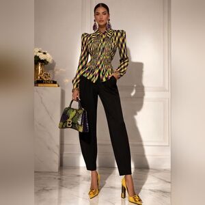 Harlequin Smocked Blouse Colorful Diamond Print S